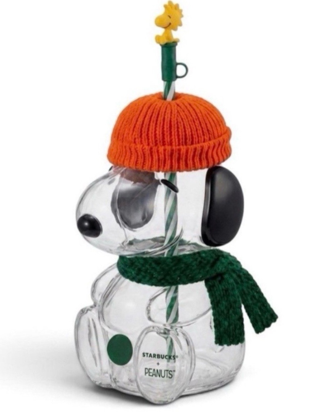 Starbucks Clear Snoopy Bottle with Orange Beanie and Green Scarf